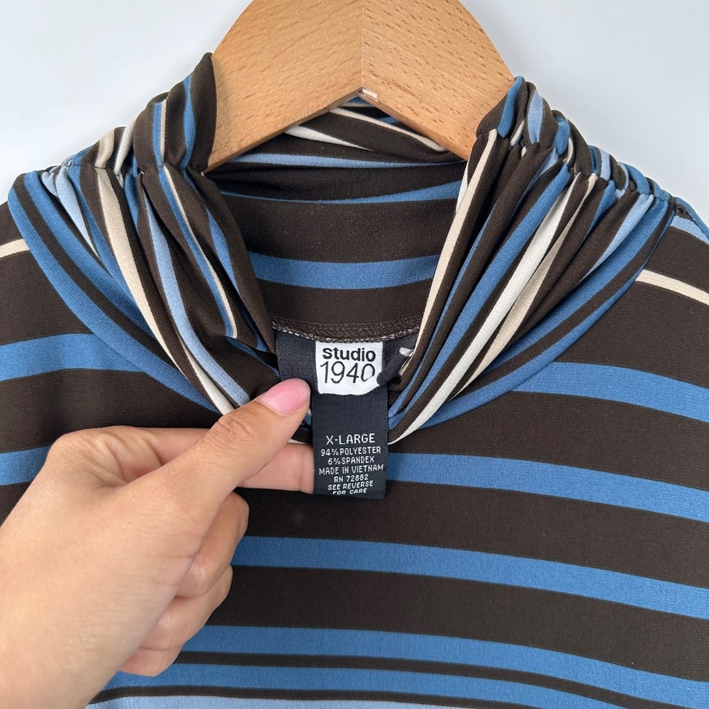 Studio 1940 Women's Striped Short Sleeve Turtleneck Top Brown Blue X-Large - Picture 2 of 5
